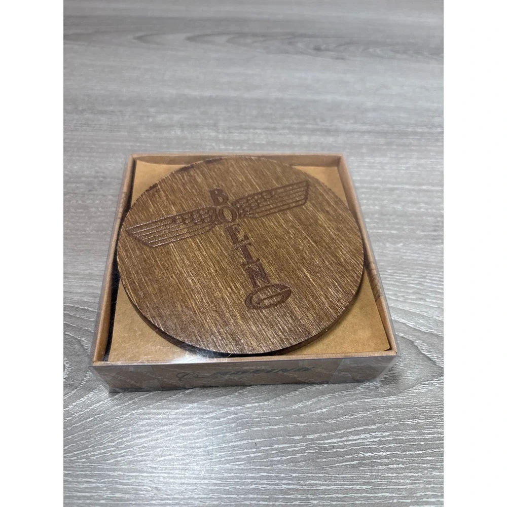 Boeing Totem Coasters Set of 4 Natural Wood Etched Aviation Logo‎ Brown New